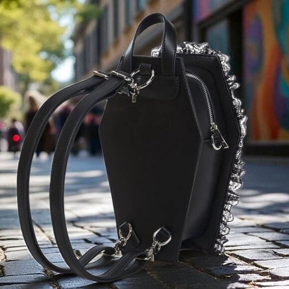 Widow ✦ Vegan Leather Coffin Backpack ✦ Gothic Brocade Lace Trim OS NWT - Picture 9 of 12